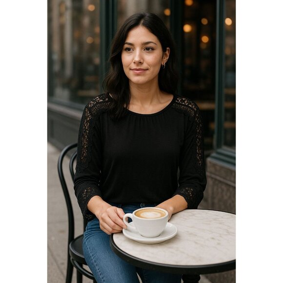 Ann Taylor LOFT Black Lace Sleeve Blouse Small Boho Chic Top Rayon Casual - Picture 1 of 9